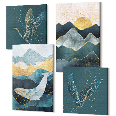 Zestaw obrazów 4 części kwadryptyk Abstrakcyjne pejzaże górskie lecące żurawie