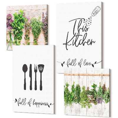 Zestaw obrazów kwadryptyk na ścianę Kuchenne napisy suszone zioła i rośliny