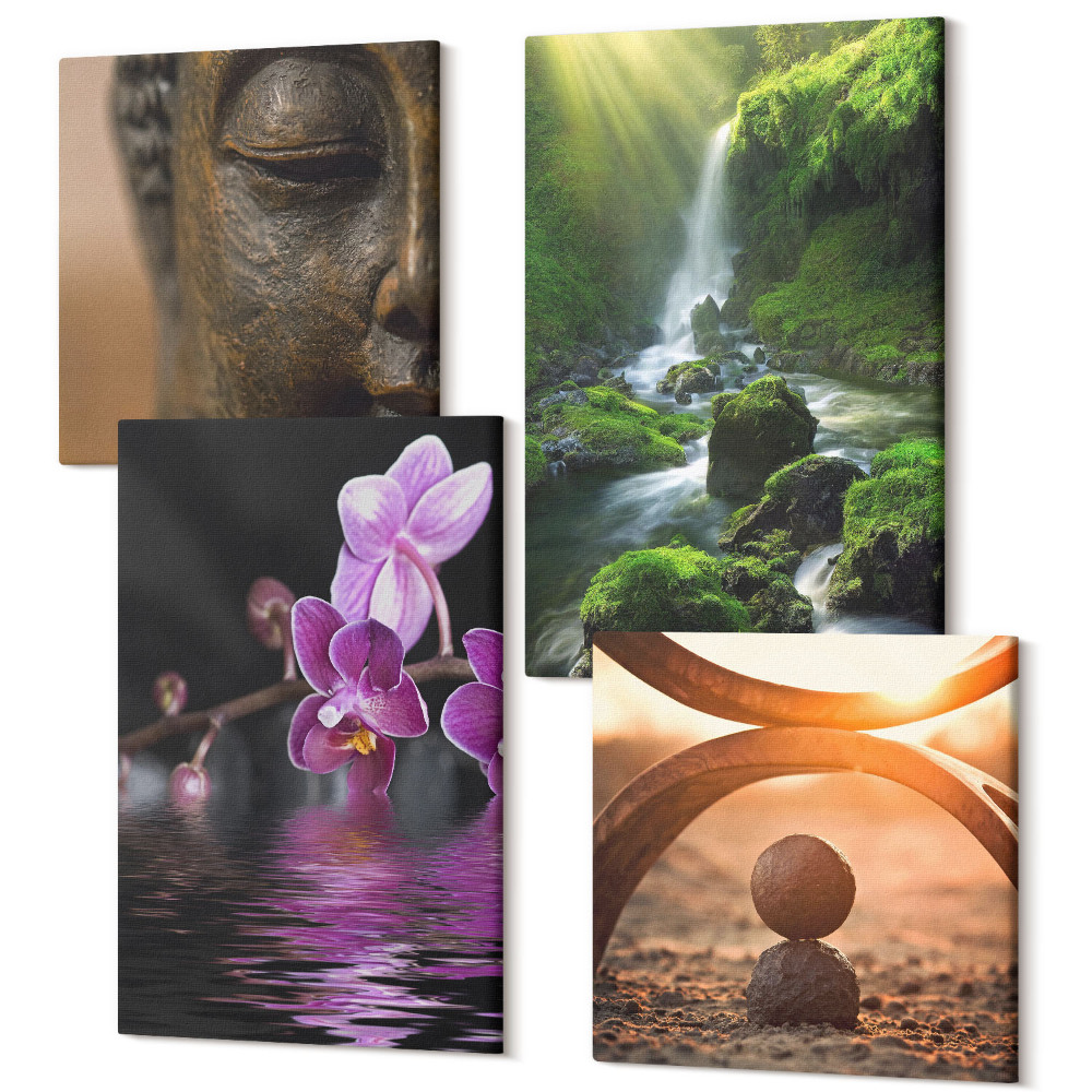 Zestaw obrazów kwadryptyk na ścianę Kwiaty w wodzie wodospad z zielonymi skałami Budda