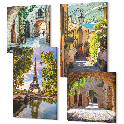Zestaw obrazów 4 części kwadryptyk Piękne uliczki zabytkowa architektura wieża Eiffla