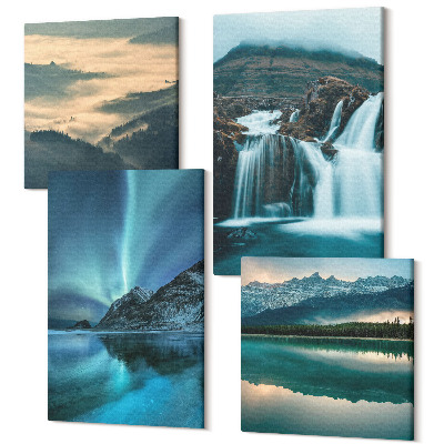 Zestaw obrazów na płótnie kwadryptyk Zimowe pejzaże z wodospadami i zorzami polarnymi