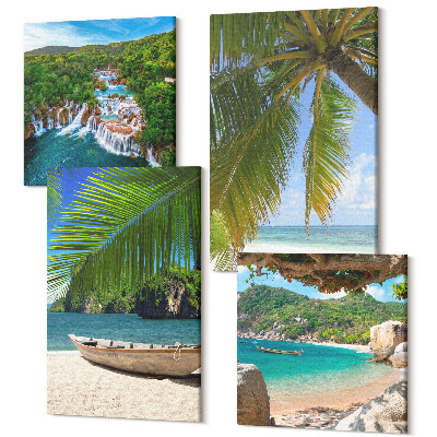 Zestaw obrazów kwadryptyk na ścianę Plaża z łodzią wodospady i palmy w tropikach