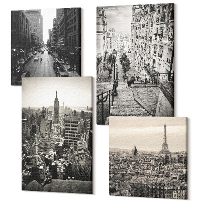 Zestaw obrazów 4 części kwadryptyk Widoki miast Paryż Nowy Jork i urokliwe schody