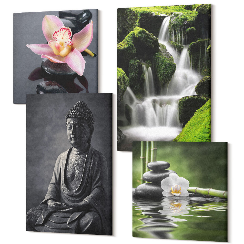 Zestaw obrazów kwadryptyk na ścianę Relaksujące obrazy ZEN z wodą kamieniami i Buddą