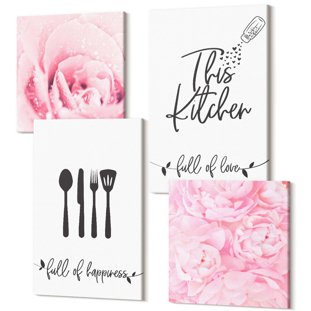Zestaw obrazów na płótnie kwadryptyk Napisy do kuchni delikatne kwiaty róż
