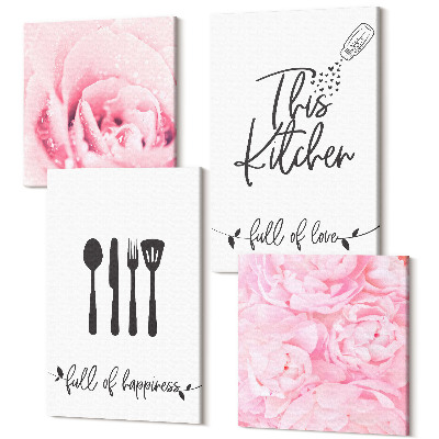 Zestaw obrazów na płótnie kwadryptyk Napisy do kuchni delikatne kwiaty róż