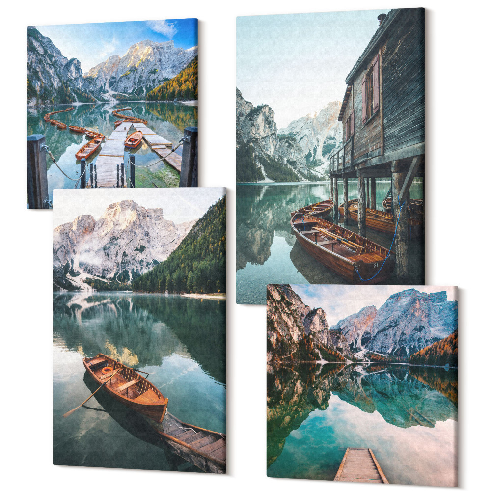 Zestaw obrazów 4 części kwadryptyk Jezioro w górach z łodziami i drewnianą chatą