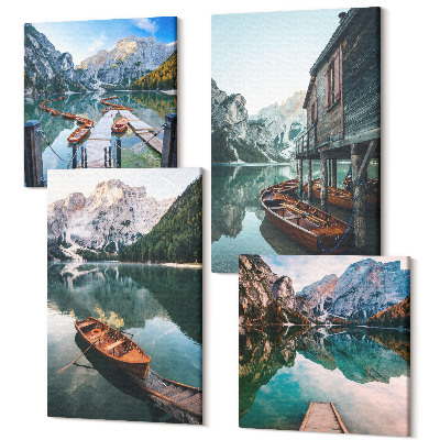 Zestaw obrazów 4 części kwadryptyk Jezioro w górach z łodziami i drewnianą chatą