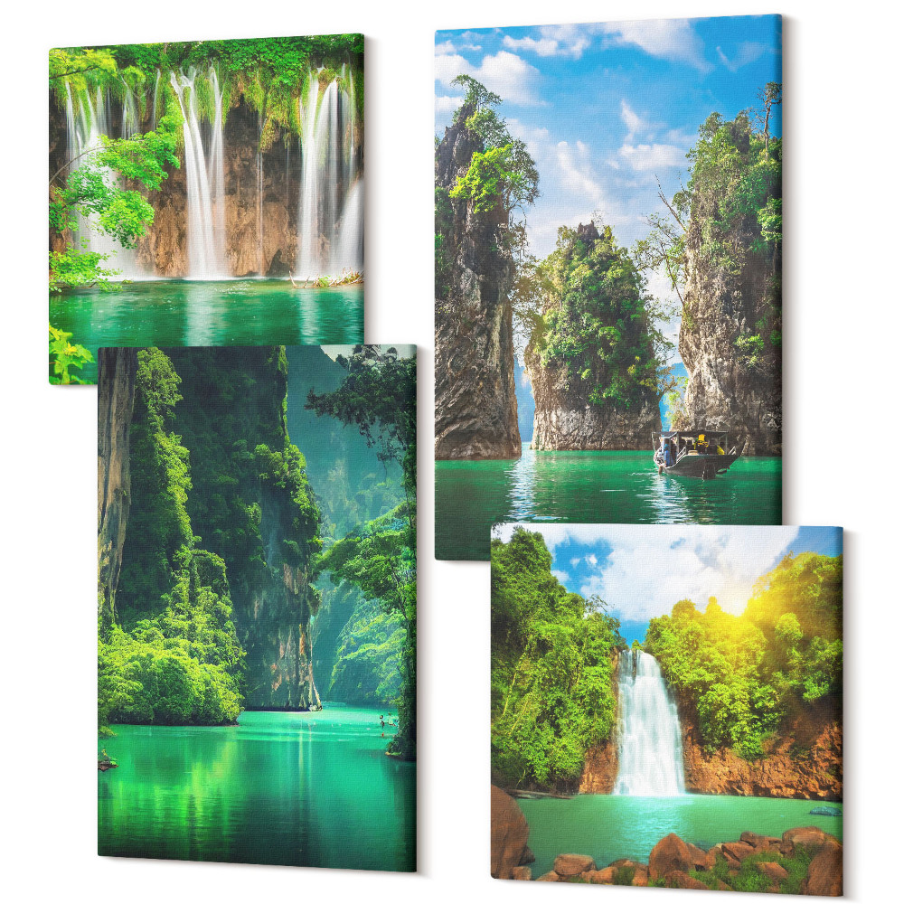 Zestaw obrazów kwadryptyk na ścianę Zielone krajobrazy z wodospadami i skałami