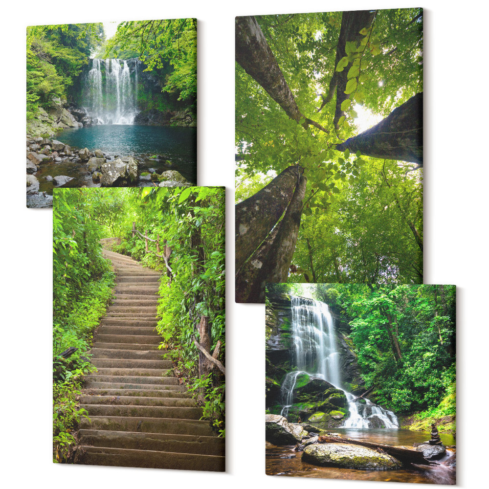 Zestaw obrazów 4 części kwadryptyk Ścieżka w lesie wodospad i zielona roślinność