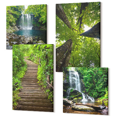 Zestaw obrazów 4 części kwadryptyk Ścieżka w lesie wodospad i zielona roślinność