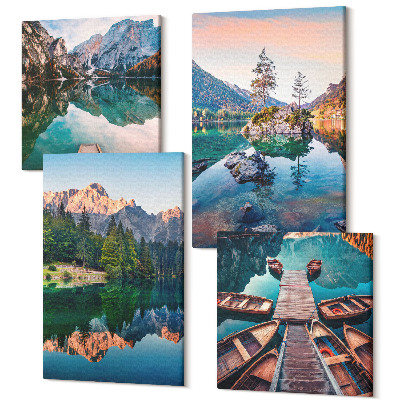 Zestaw obrazów kwadryptyk na ścianę Górskie jeziora z odbiciem w wodzie i lasem
