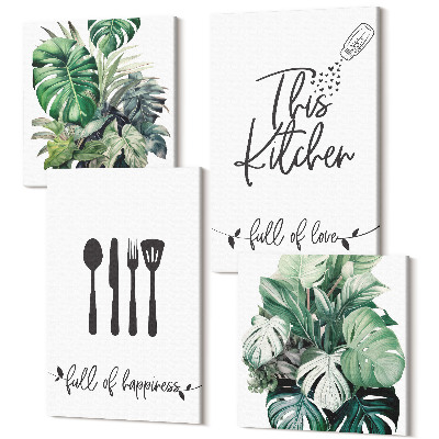 Zestaw obrazów 4 części kwadryptyk Wzory przyborów kuchennych liście roślin