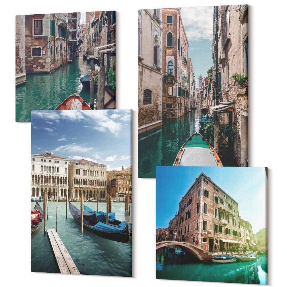 Zestaw obrazów kwadryptyk na ścianę Widoki Wenecji z kanałami i architekturą miejską