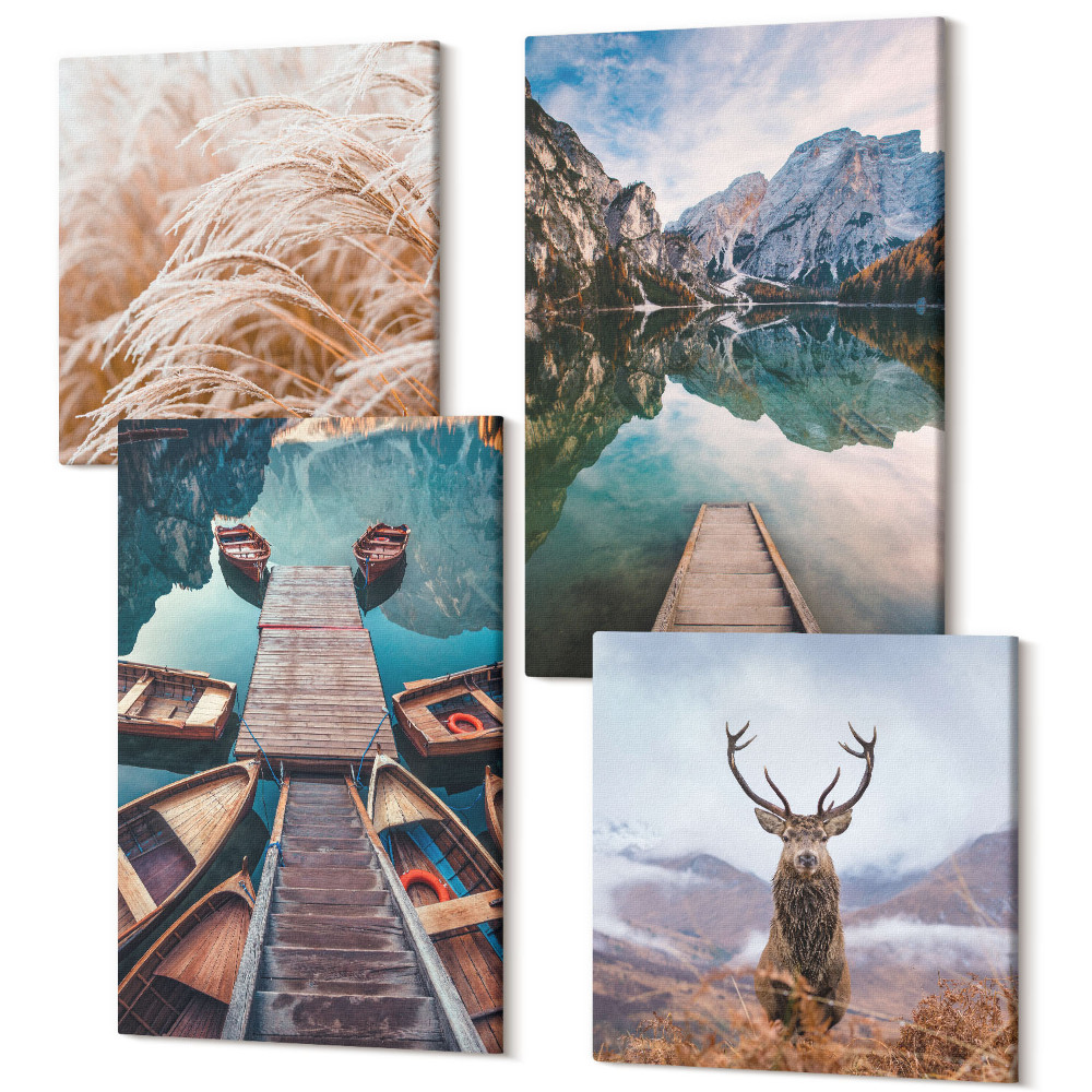 Zestaw obrazów na płótnie kwadryptyk Jezioro z łodziami jeleniem i górskim krajobrazem