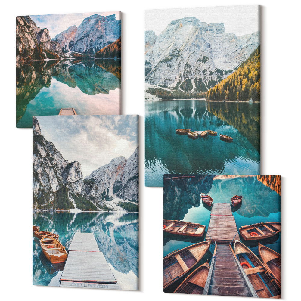 Zestaw obrazów kwadryptyk na ścianę Jezioro z drewnianymi pomostami i górami