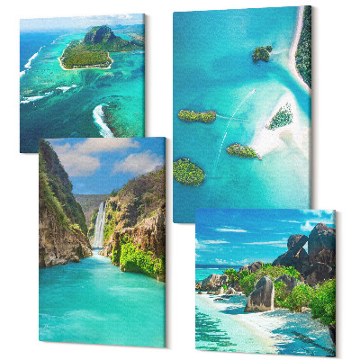 Zestaw obrazów 4 części kwadryptyk Tropikalne krajobrazy z wyspami i turkusową wodą