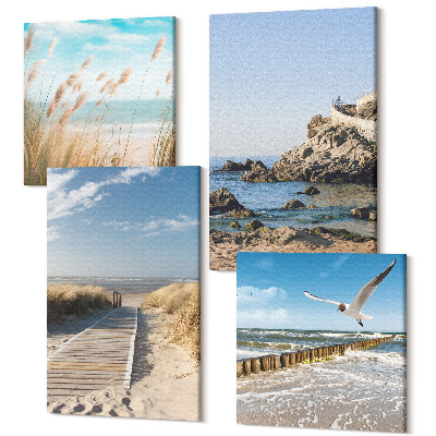 Zestaw obrazów kwadryptyk na ścianę Plaża z drewnianą ścieżką morze i klify nadmorskie