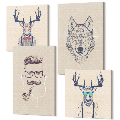 Zestaw obrazów 4 części kwadryptyk Stylowe portrety zwierząt i mężczyzny