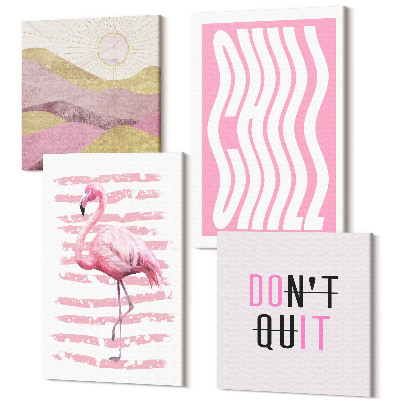 Zestaw obrazów kwadryptyk na ścianę Różowy flamingi pastelowy górski pejzaż napisy