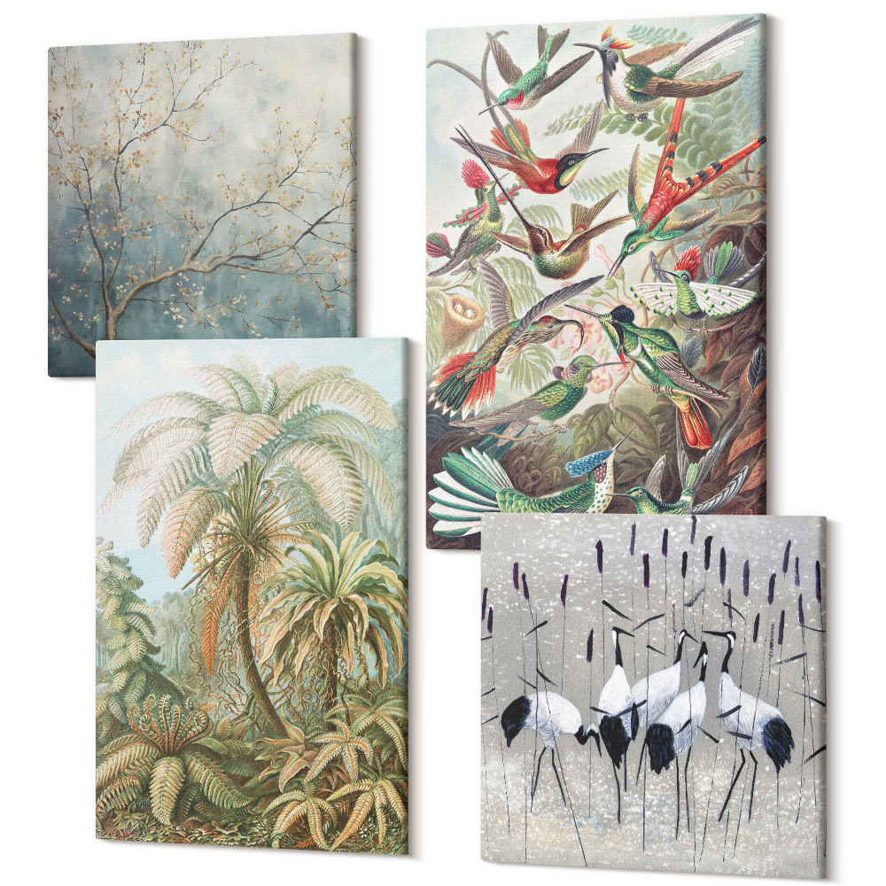 Zestaw obrazów na płótnie kwadryptyk Tropikalne rośliny i kolorowe ptaki w naturze