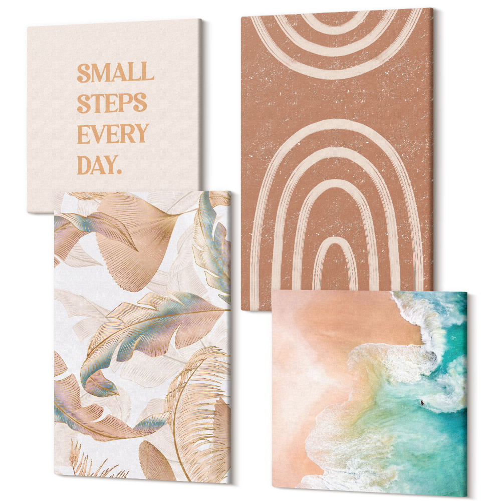 Zestaw obrazów na płótnie kwadryptyk Delikatne boho motywy abstrakcyjne liście i napis