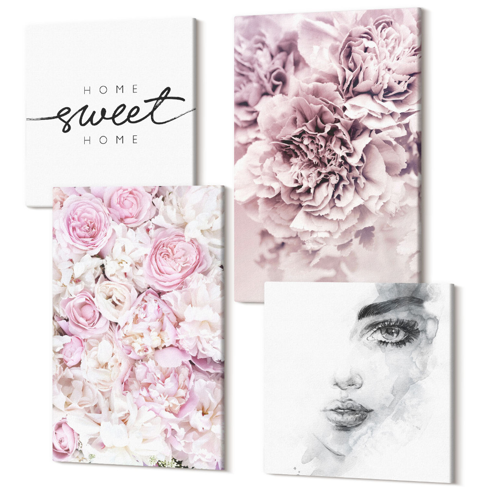 Zestaw obrazów 4 części kwadryptyk Delikatne piwonie portret kobiety napis do domu