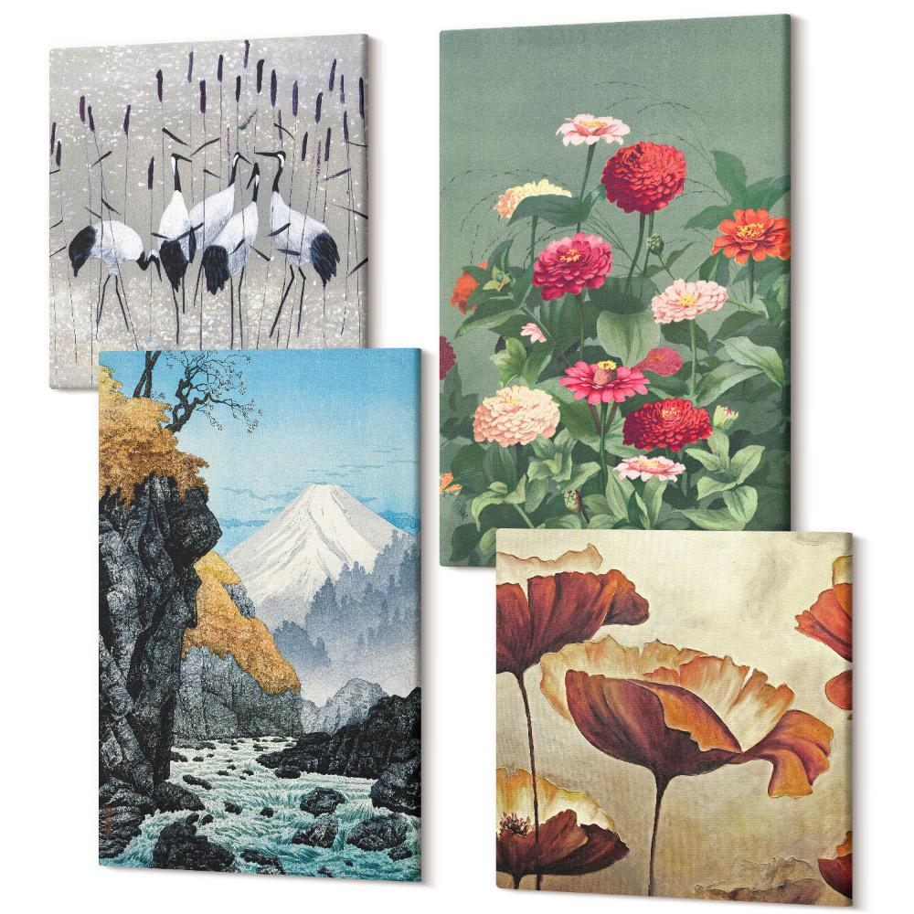 Zestaw obrazów na płótnie kwadryptyk Góry z wodospadem ptaki w locie i kolorowe kwiaty