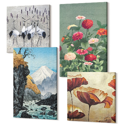 Zestaw obrazów na płótnie kwadryptyk Góry z wodospadem ptaki w locie i kolorowe kwiaty