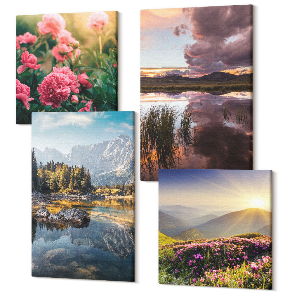 Zestaw obrazów kwadryptyk na ścianę Kwiaty w ogrodzie górska łąka las i tafla wody