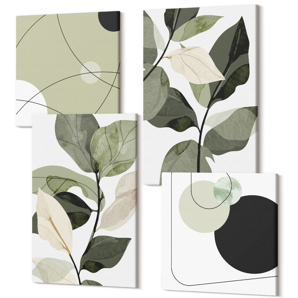 Zestaw obrazów na płótnie kwadryptyk Malowane liście i abstrakcyjne kształty