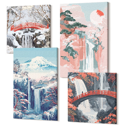 Zestaw obrazów na płótnie kwadryptyk Wodospady góry z mostem i kwitnącymi drzewami