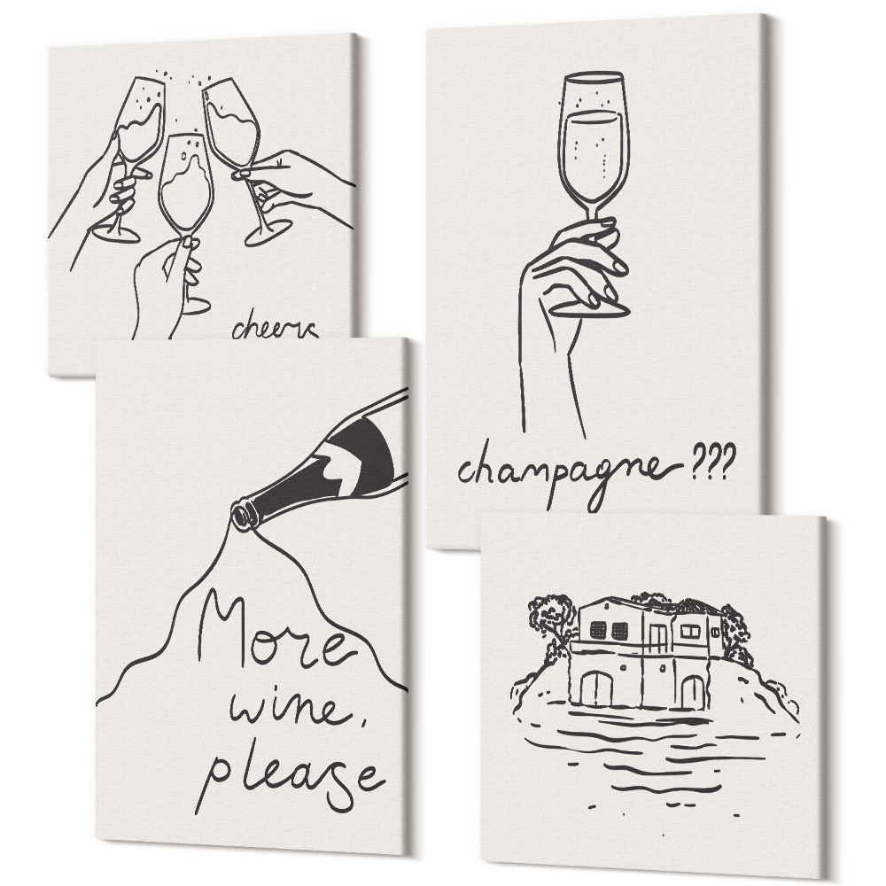 Zestaw obrazów kwadryptyk na ścianę Radosne chwile z winem i szampanem line-art