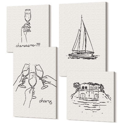 Zestaw obrazów 4 części kwadryptyk Widoki na dom nad wodą toast z kieliszkami żaglówka