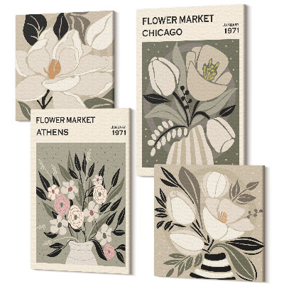 Zestaw obrazów na płótnie kwadryptyk Kwiatowe kompozycje z różnych miast w stylu retro