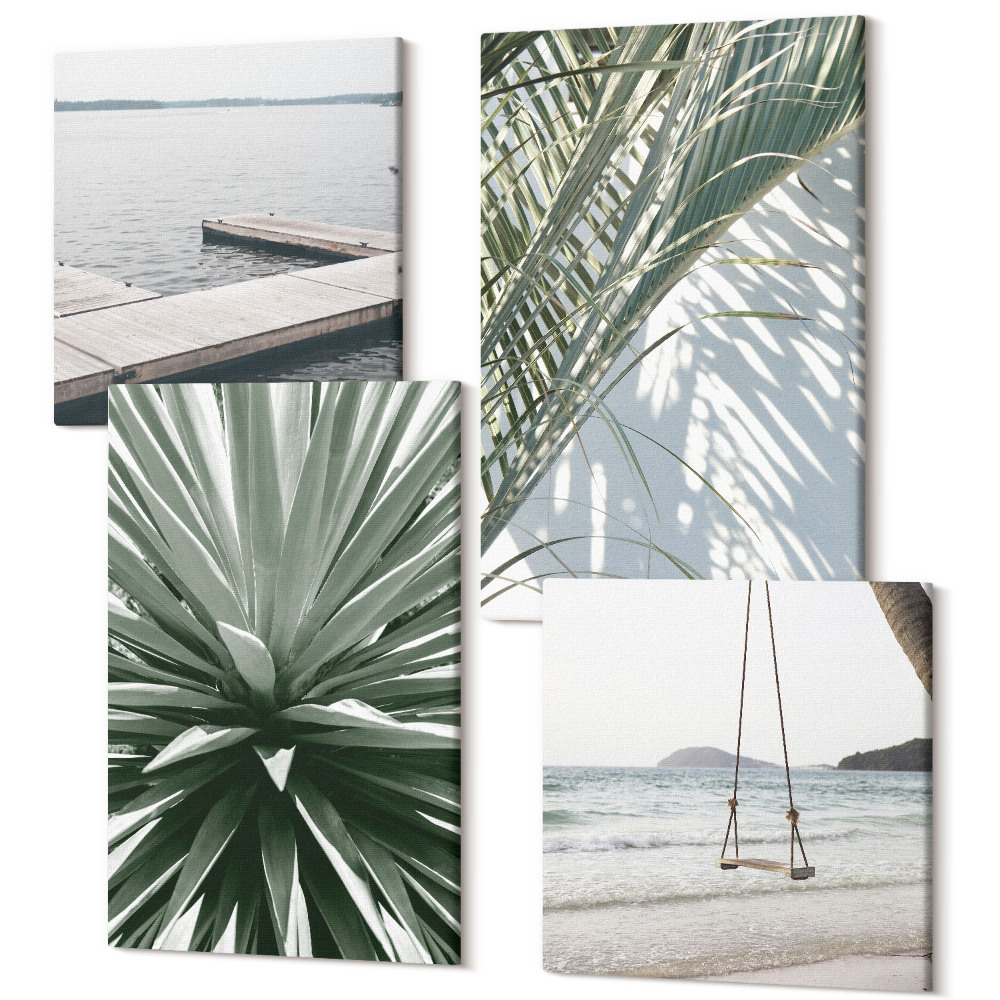 Zestaw obrazów 4 części kwadryptyk Liście palmowe roślina huśtawka i drewniany pomost