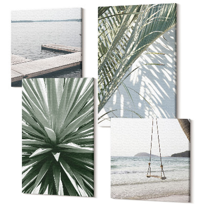 Zestaw obrazów 4 części kwadryptyk Liście palmowe roślina huśtawka i drewniany pomost