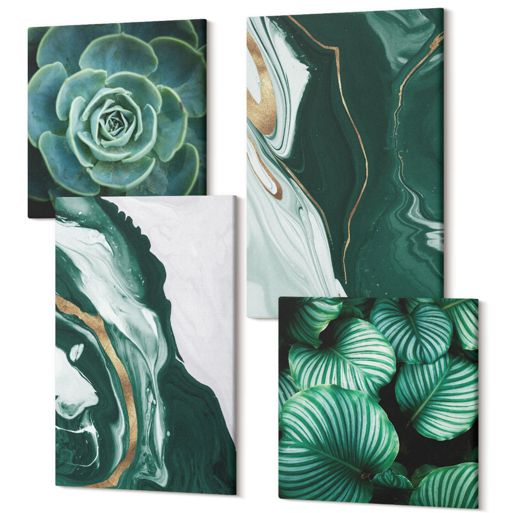 Zestaw obrazów kwadryptyk na ścianę Abstrakcyjne wzorów farb liście rośliny sukulent
