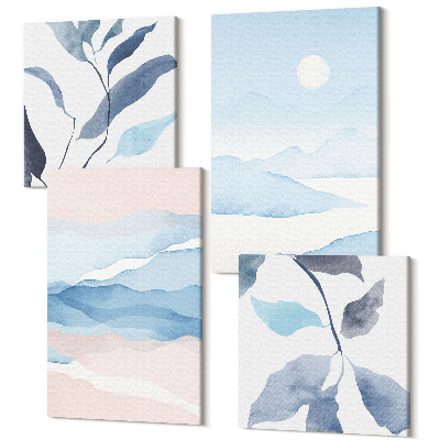 Zestaw obrazów kwadryptyk na ścianę Delikatne pejzaże górskie w akwareli rośliny