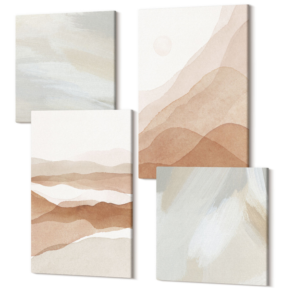 Zestaw obrazów 4 części kwadryptyk Abstrakcyjne pejzaże w odcieniach brązu i beżu