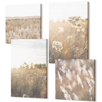 Zestaw obrazów kwadryptyk na ścianę Krajobraz z trawami i kwiatami w ciepłych odcieniach