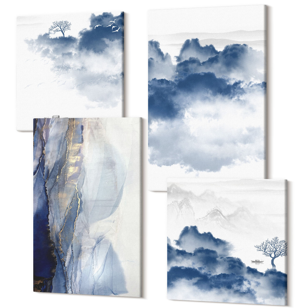 Zestaw obrazów kwadryptyk na ścianę Góry chmur z drzewami i ptakami w tle