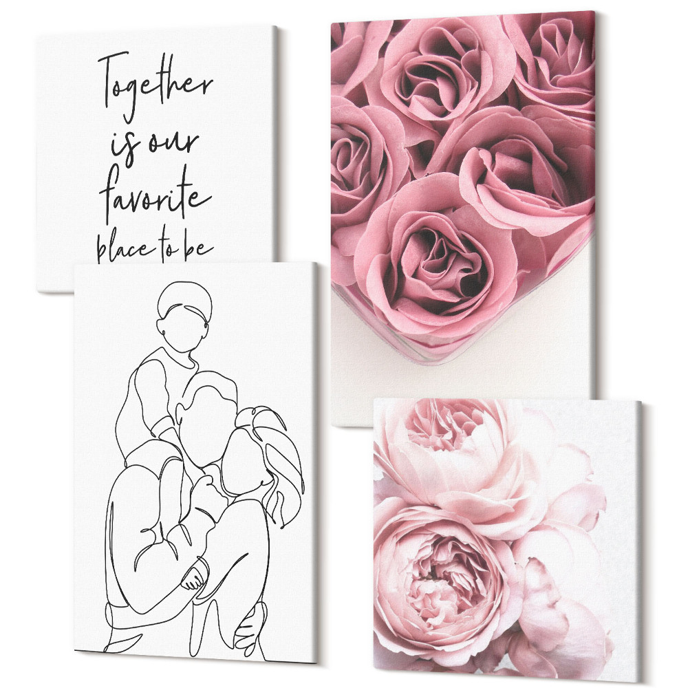 Zestaw obrazów na płótnie kwadryptyk Rodzina line-art bukiety róż napis do domu