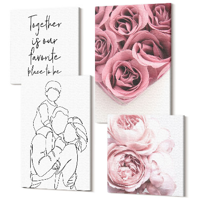 Zestaw obrazów na płótnie kwadryptyk Rodzina line-art bukiety róż napis do domu