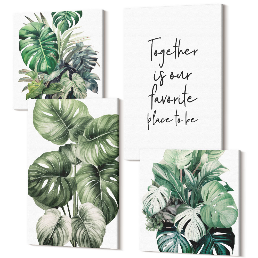 Zestaw obrazów 4 części kwadryptyk Zielone liście roślin tropikalnych z napisem dekoracyjnym