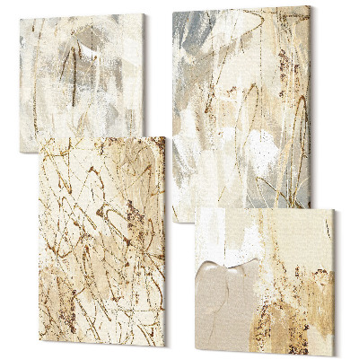 Zestaw obrazów kwadryptyk na ścianę Beżowe abstrakcje malowane kształty i linie
