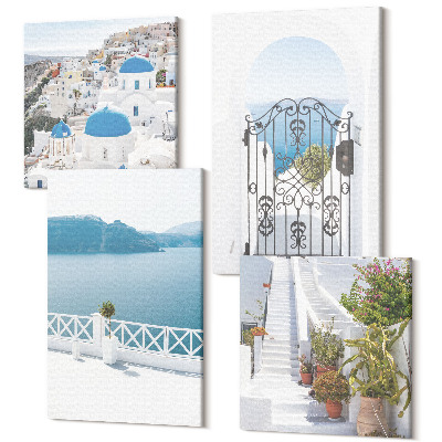 Zestaw obrazów na płótnie kwadryptyk Białe schody z roślinami widok na morze i brama
