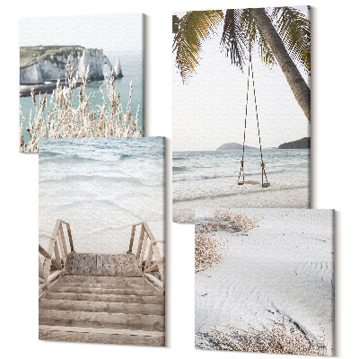 Zestaw obrazów 4 części kwadryptyk Plaża z drewnianymi schodami i huśtawką nad morzem