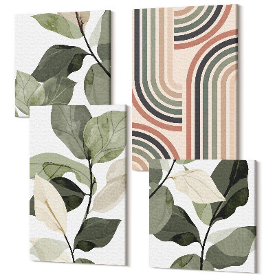 Zestaw obrazów kwadryptyk na ścianę Roślinne motywy z geometrycznymi wzorami w odcieniach zieleni