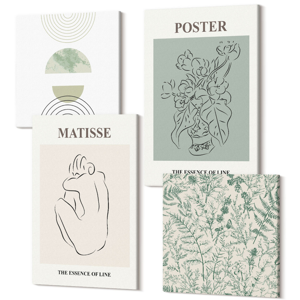 Zestaw obrazów na płótnie kwadryptyk Linie i roślinne wzory w minimalistycznym stylu